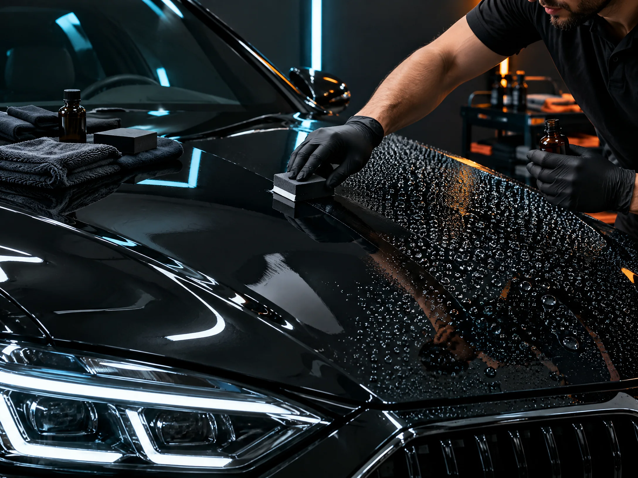 Ceramic coating being applied to a polished vehicle