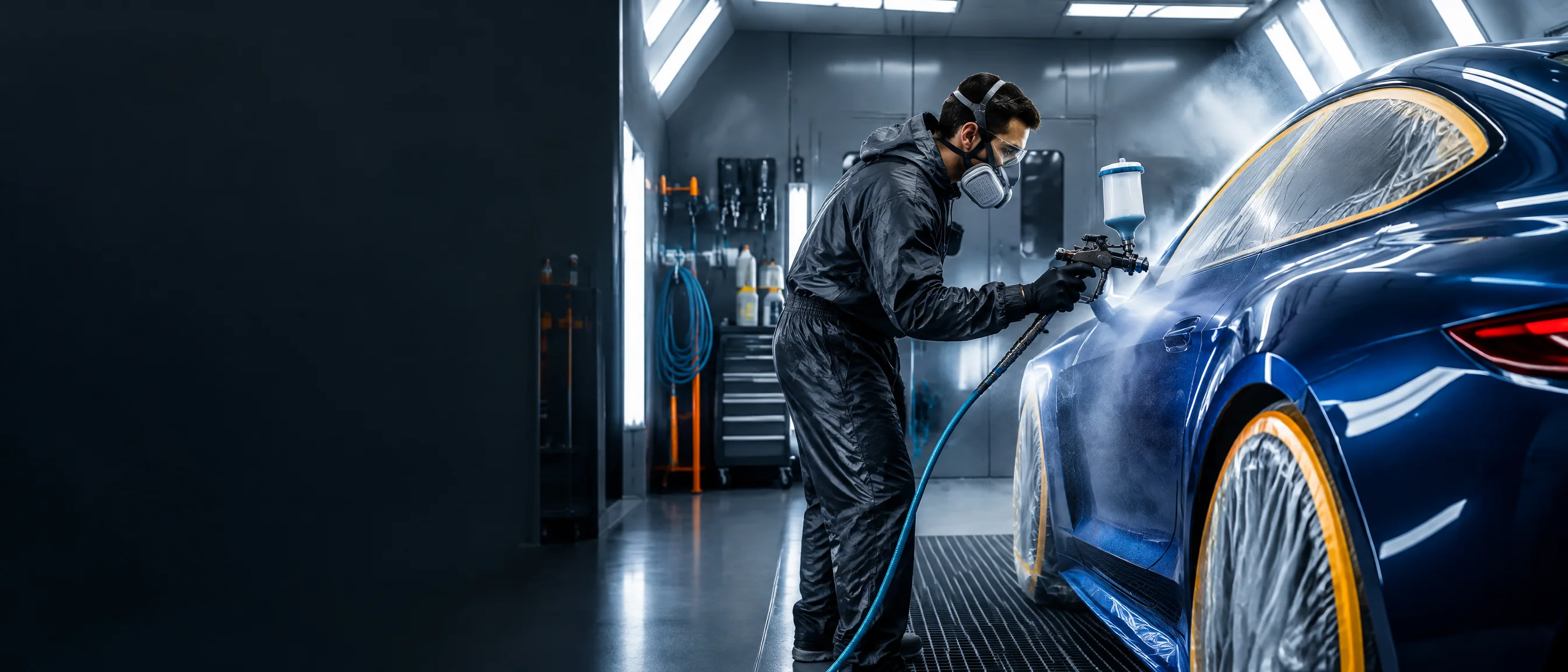 Professional painter applying a refinishing coat in a modern spray booth
