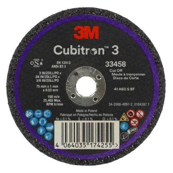 3M.33458.PK 3M™ Cubitron™ 3 Cut-Off Wheel 33458, 75 mm x 1 mm x 9.53 mm, 5 EA/PK, 6 PK/CS